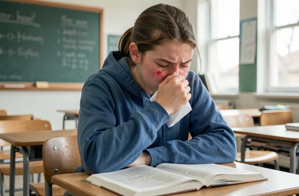 Adolescente éternuant en classe à cause des allergies saisonnières, perturbée dans ses études