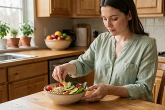 Femme enceinte préparant un bol végétarien équilibré avec quinoa, pois chiches et légumes frais dans une cuisine chaleureuse