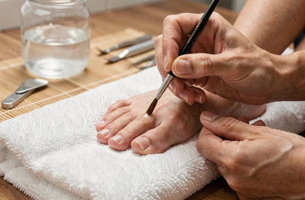 Application d'huile adoucissante sur les ongles des pieds pour ramollir les cuticules lors d'une pédicure maison professionnelle