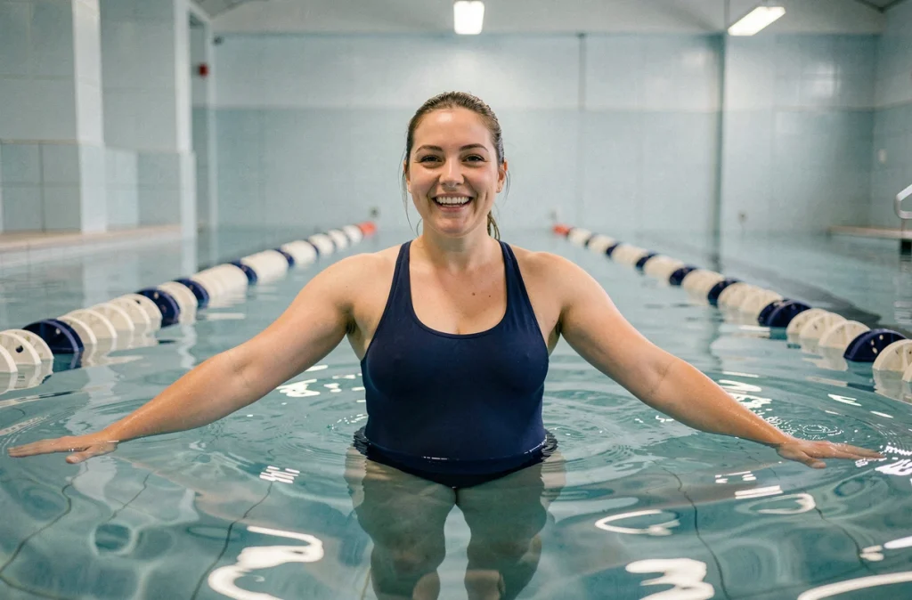 Femme enceinte pratiquant l'aquagym dans une piscine intérieure, activité physique douce recommandée pendant la grossesse