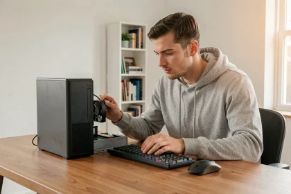 Jeune homme assemblant une configuration informatique complète à petit prix avec des accessoires itworks sur un bureau en bois