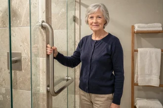 Femme âgée utilisant une barre d'appui dans une salle de bain aménagée pour l'autonomie à domicile