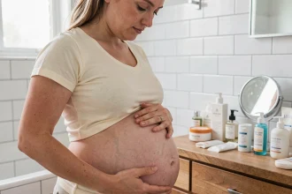 Femme enceinte inspectant les changements de sa peau sur le ventre dans une salle de bain, entourée de produits de soin