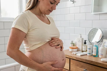 Femme enceinte inspectant les changements de sa peau sur le ventre dans une salle de bain, entourée de produits de soin