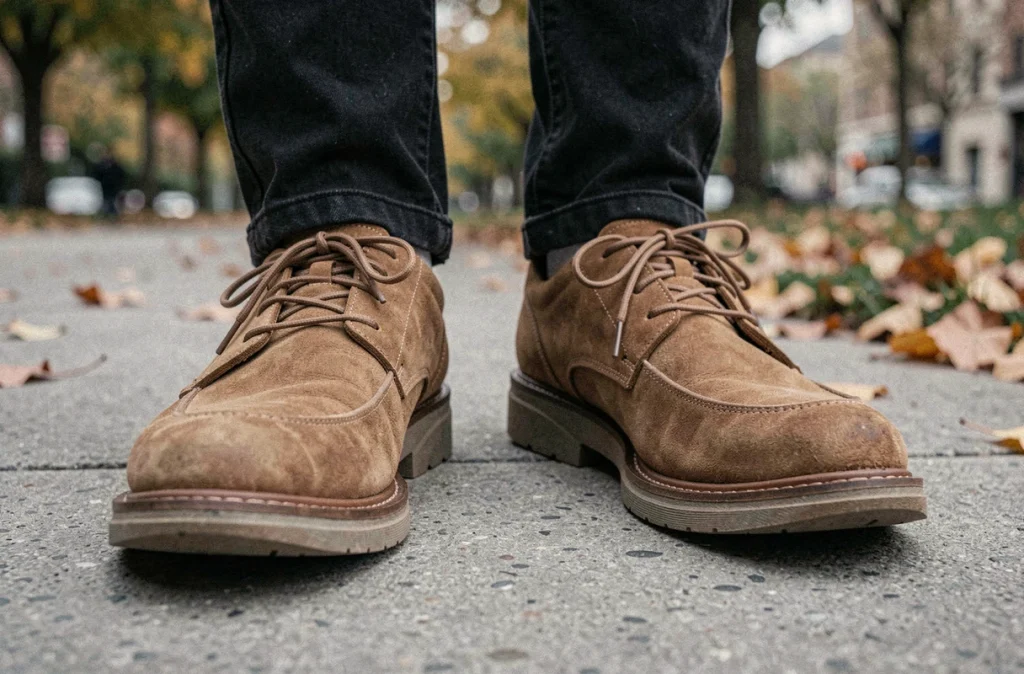 Gros plan de chaussures larges à bout arrondi adaptées à la bursite de l'orteil portées en extérieur