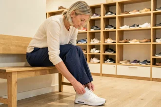 Femme essayant des chaussures orthopédiques larges adaptées à la bursite de l'orteil dans une boutique spécialisée