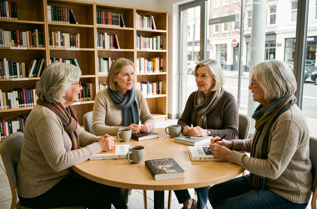 Groupe de femmes âgées participant à un club de lecture en bibliothèque, représentant l'importance du lien social pour prévenir l'isolement des aînés