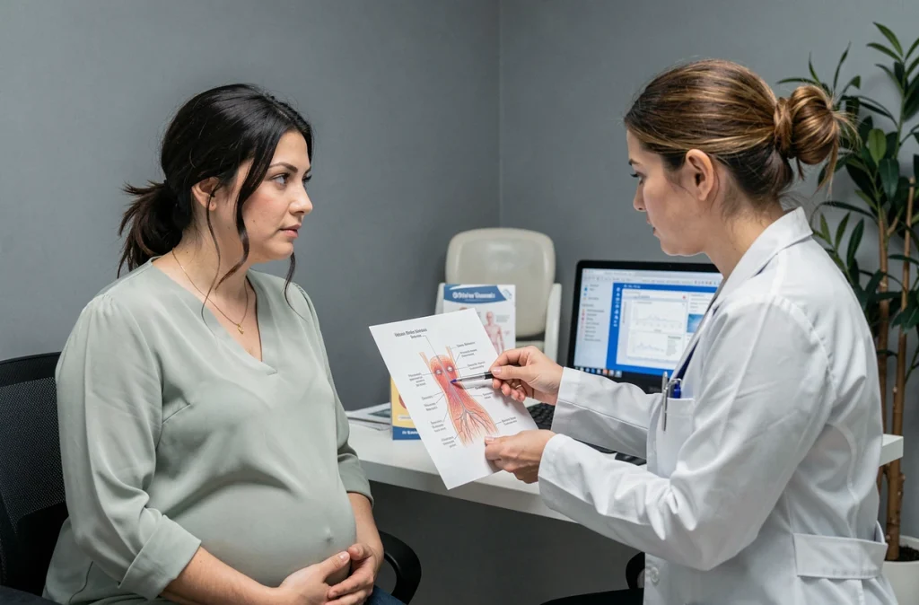 Femme enceinte en consultation dermatologique pour les changements cutanés liés à la grossesse