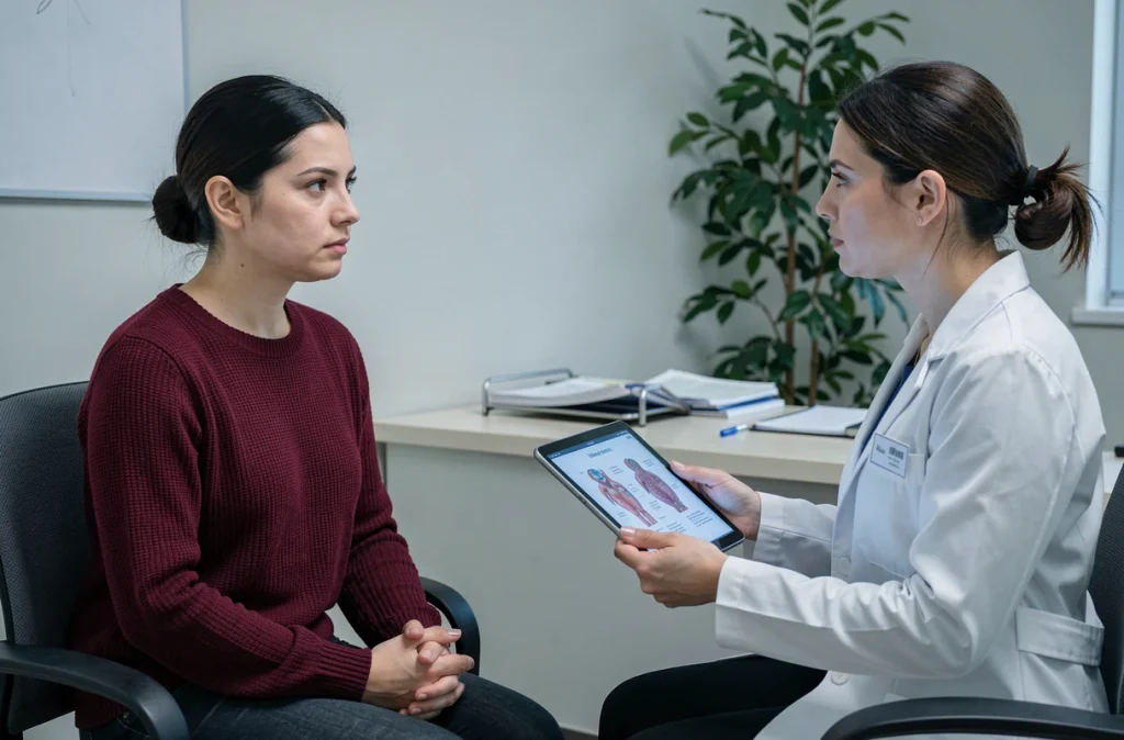 Consultation médicale entre une patiente et sa gynécologue pour diagnostic d'endométriose