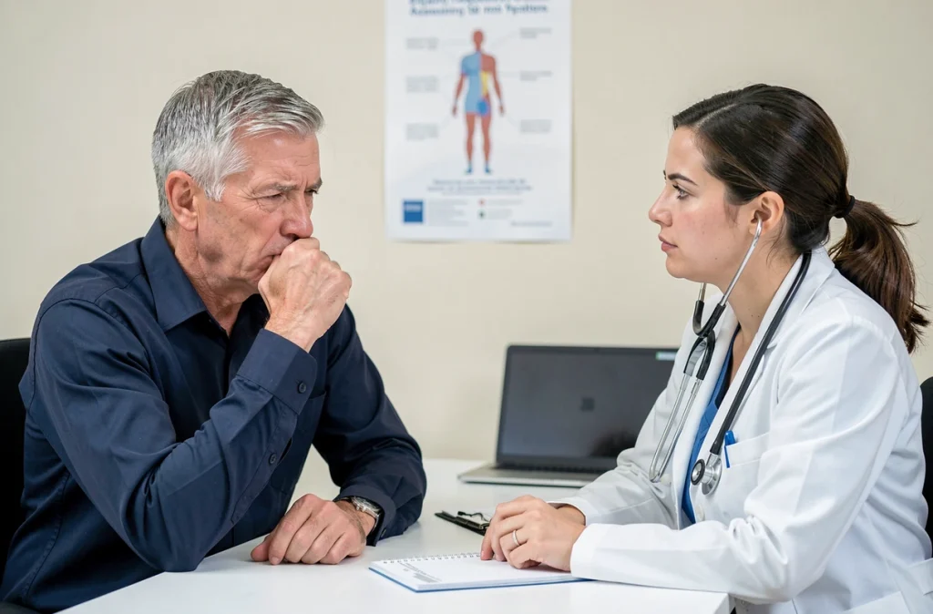 Homme en consultation médicale toussant devant un médecin, représentant une toux qui dure plus d'une semaine