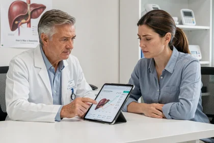 Médecin et patient consultant les résultats de transaminases élevées sur une tablette dans un cabinet médical moderne