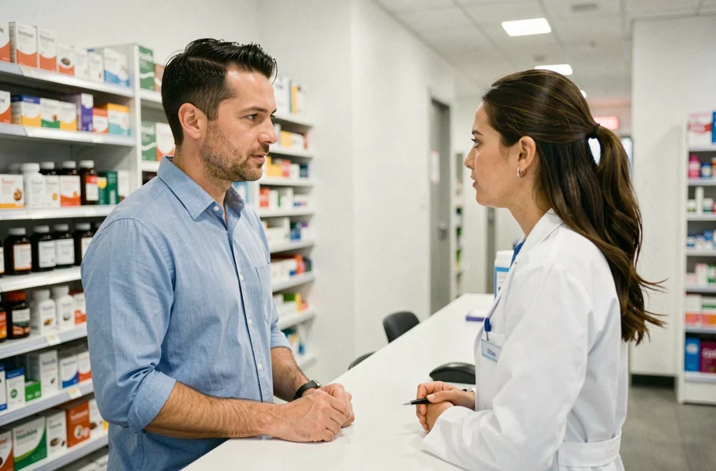 Homme consultant une pharmacienne sur les douleurs abdominales et les solutions alimentaires contre les gaz