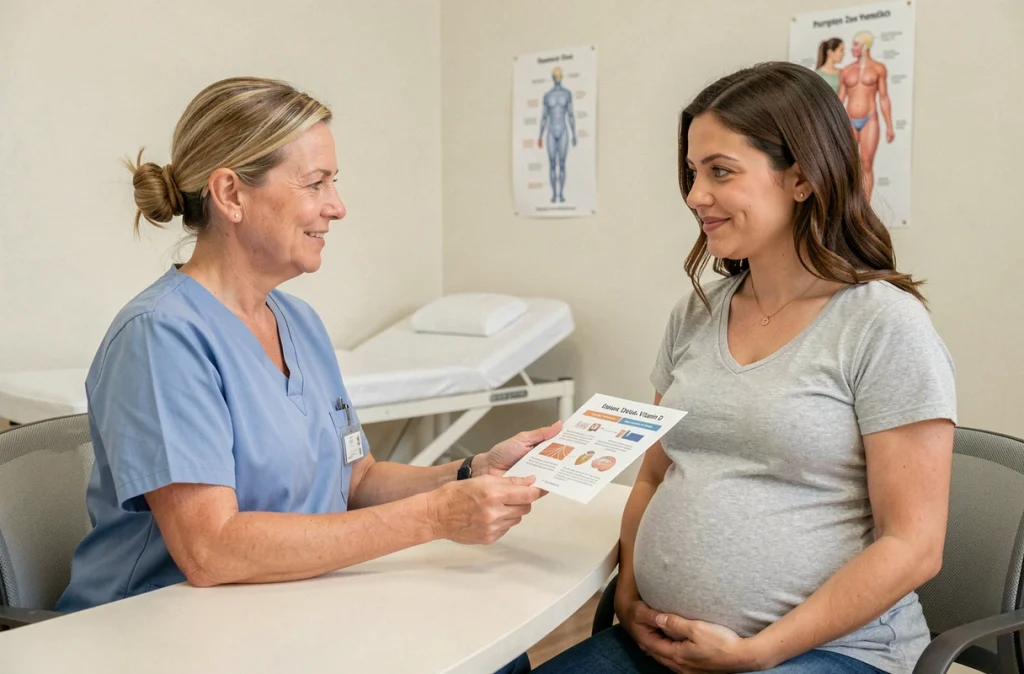 Consultation prénatale avec une sage-femme expliquant l'importance de la vitamine D à une femme enceinte