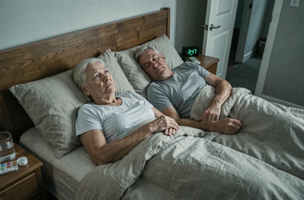 Couple de personnes âgées dans leur lit la nuit, la femme éveillée fixant le plafond pendant que son partenaire dort, illustrant les troubles du sommeil chez les seniors
