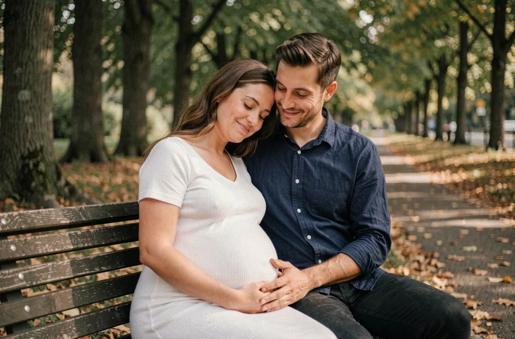 Couple attendant un bébé assis sur un banc de parc, illustrant le soutien émotionnel et la réduction du stress pendant la grossesse