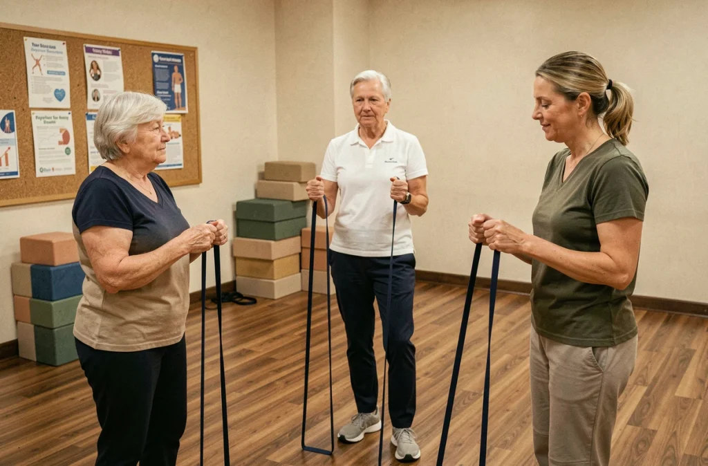 Groupe de seniors participant à un cours d'exercices d'équilibre avec résistance animé par une physiothérapeute dans un centre communautaire, pour prévenir les chutes liées au vieillissement