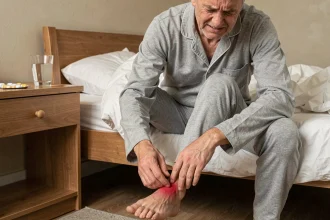 Homme d'âge mûr souffrant d'une crise de goutte au pied, assis sur son lit en pyjama avec une expression douloureuse