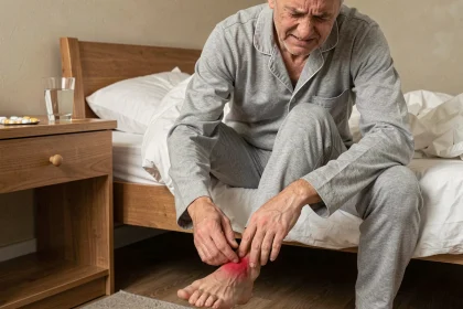 Homme d'âge mûr souffrant d'une crise de goutte au pied, assis sur son lit en pyjama avec une expression douloureuse