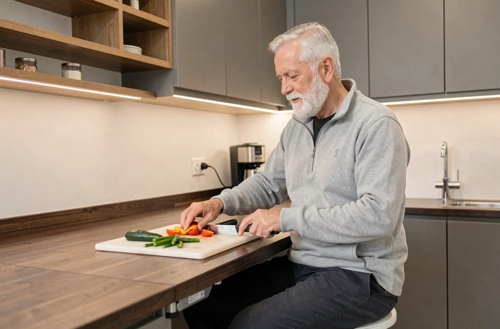 Senior autonome dans une cuisine adaptée avec plan de travail accessible et équipements ergonomiques