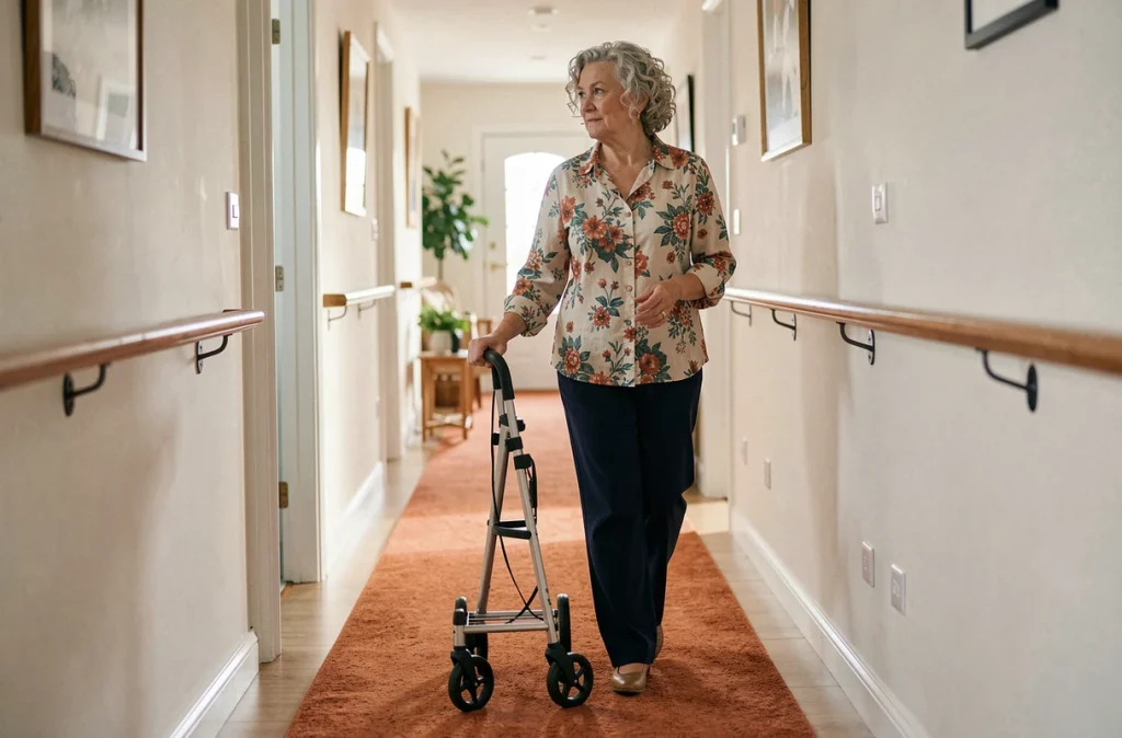 Femme âgée utilisant un déambulateur dans un couloir intérieur aménagé pour faciliter la mobilité à domicile