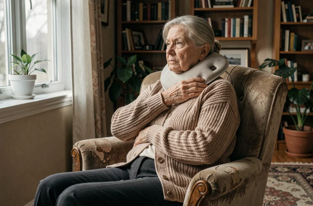 Femme âgée utilisant une bouillotte pour soulager les douleurs neuropathiques chroniques après un zona