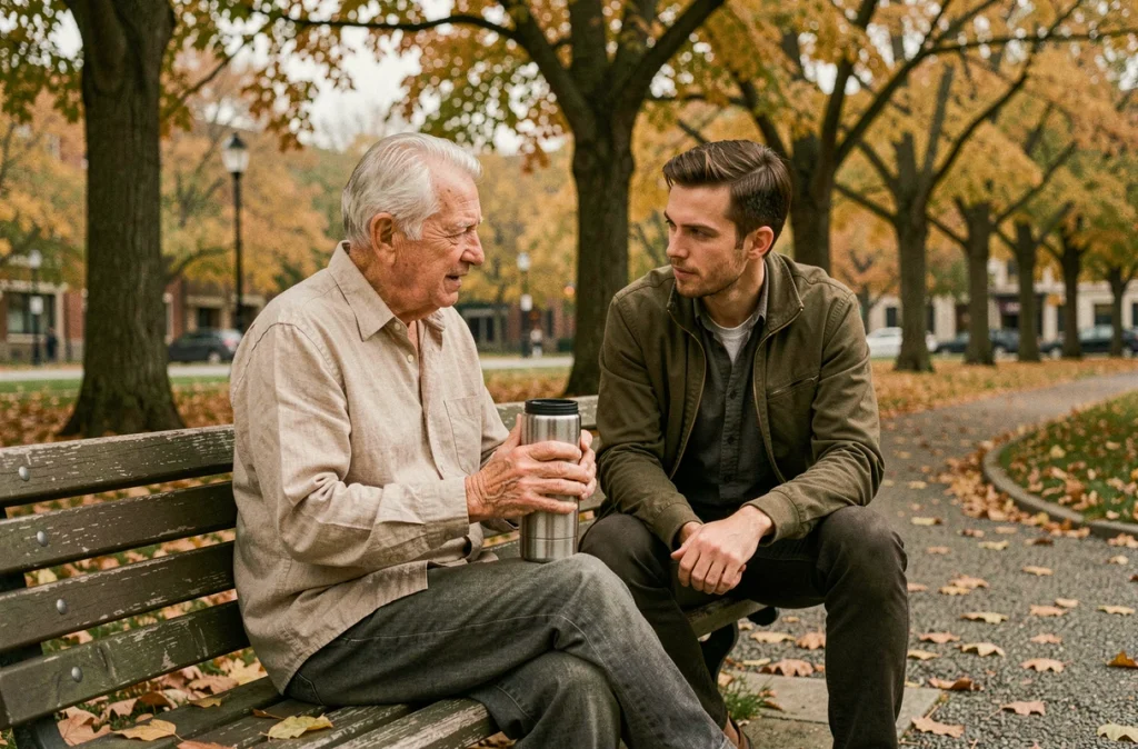 Un homme âgé et un compagnon plus jeune partageant un moment de conversation dans un parc en automne, symbole du lien intergénérationnel contre l'isolement