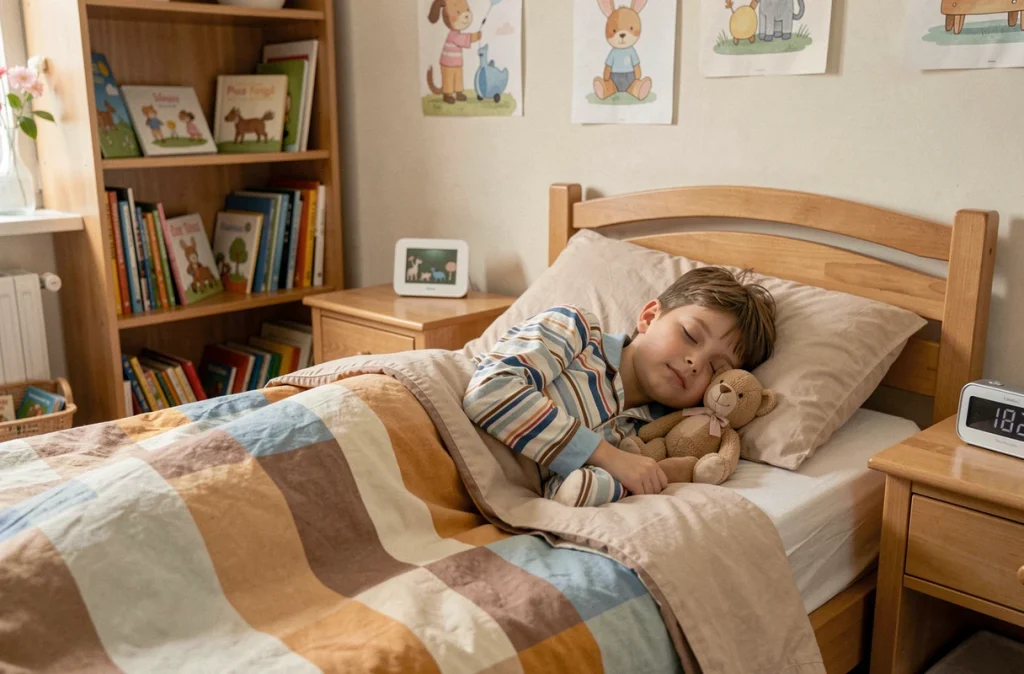 Enfant en âge scolaire dormant paisiblement dans sa chambre illustrant les besoins de sommeil recommandés pour les enfants
