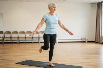 Femme âgée pratiquant un exercice d'équilibre sur un pied dans une salle de sport communautaire, illustrant la prévention des chutes chez les seniors