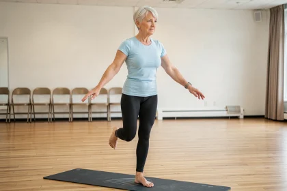 Femme âgée pratiquant un exercice d'équilibre sur un pied dans une salle de sport communautaire, illustrant la prévention des chutes chez les seniors
