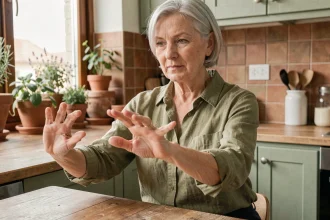 Femme âgée faisant des exercices d'étirement des doigts pour soulager l'arthrose dans une cuisine chaleureuse