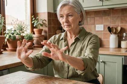 Femme âgée faisant des exercices d'étirement des doigts pour soulager l'arthrose dans une cuisine chaleureuse