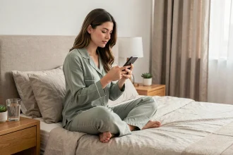 Jeune femme adulte consultant un calculateur de durée de sommeil sur smartphone dans sa chambre à coucher