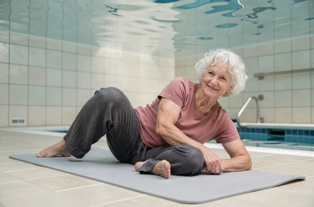 Femme âgée de près de 80 ans pratiquant des étirements doux des genoux sur un tapis de yoga dans un espace de balnéothérapie pour soulager les douleurs articulaires