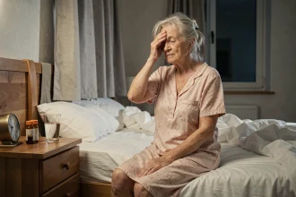 Femme âgée assise sur le bord de son lit la nuit, souffrant de sommeil interrompu, regardant son réveil dans une chambre cosy