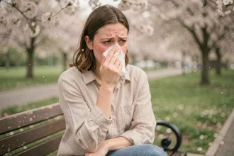 Femme souffrant d'allergie saisonnière dans un parc au printemps, se mouchant avec un mouchoir