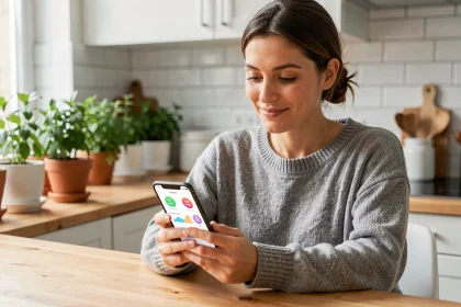 Femme consultant les avis et progrès sur l'application Better Me depuis son smartphone à la cuisine