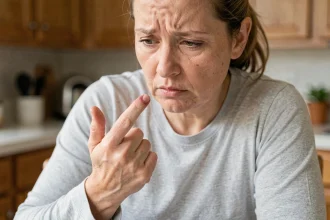 Femme examinant une brûlure au doigt avec une expression inquiète dans une cuisine