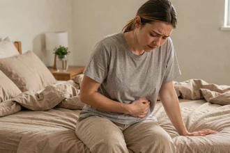 Femme souffrant de douleurs abdominales liées à l'endométriose assise sur son lit à la maison