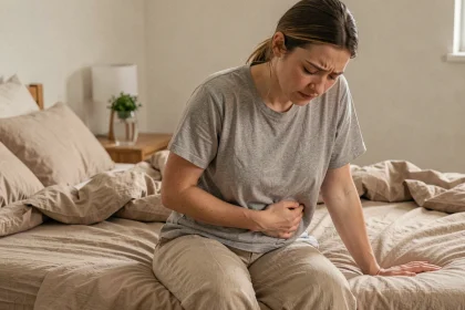 Femme souffrant de douleurs abdominales liées à l'endométriose assise sur son lit à la maison