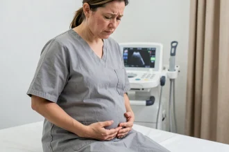 Femme assise sur une table d'examen gynécologique, les mains posées sur le bas-ventre, exprimant une douleur abdominale liée à un kyste ovarien