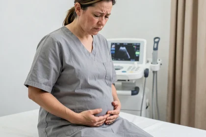Femme assise sur une table d'examen gynécologique, les mains posées sur le bas-ventre, exprimant une douleur abdominale liée à un kyste ovarien