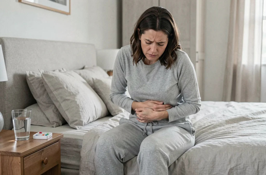Femme souffrant d'une infection urinaire récidivante assise sur son lit avec une expression de douleur abdominale