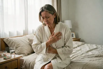 Femme mature souffrant de douleurs persistantes liées au zona, assise sur son lit et tenant son côté droit