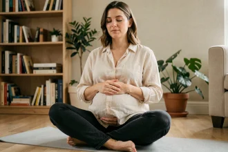 Femme enceinte pratiquant la méditation assise sur un tapis de yoga dans son salon pour gérer son stress pendant la grossesse