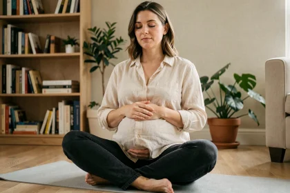 Femme enceinte pratiquant la méditation assise sur un tapis de yoga dans son salon pour gérer son stress pendant la grossesse