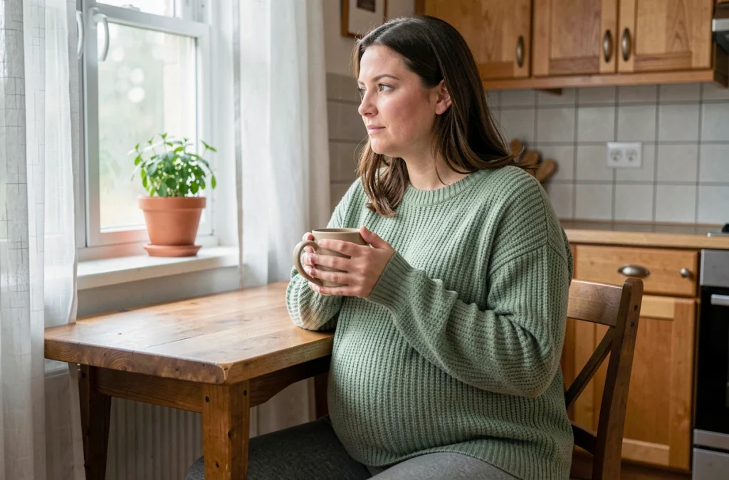 Femme enceinte se relaxant avec une tasse chaude dans une cuisine lumineuse, illustrant la gestion du stress pendant la grossesse