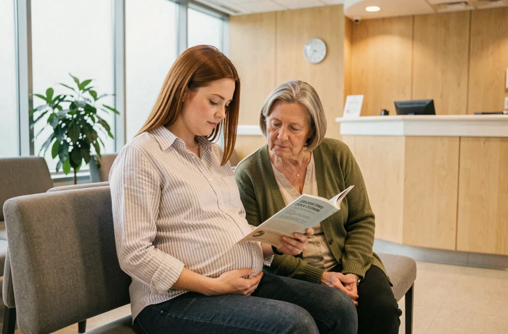 Femme enceinte et accompagnatrice en salle d'attente d'une maternité avant une consultation prénatale