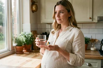 Femme enceinte tenant un complément de vitamine D dans une cuisine naturelle et chaleureuse
