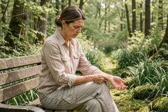 Femme inspectant son bras après une promenade en forêt au printemps, sensibilisation à la maladie de Lyme