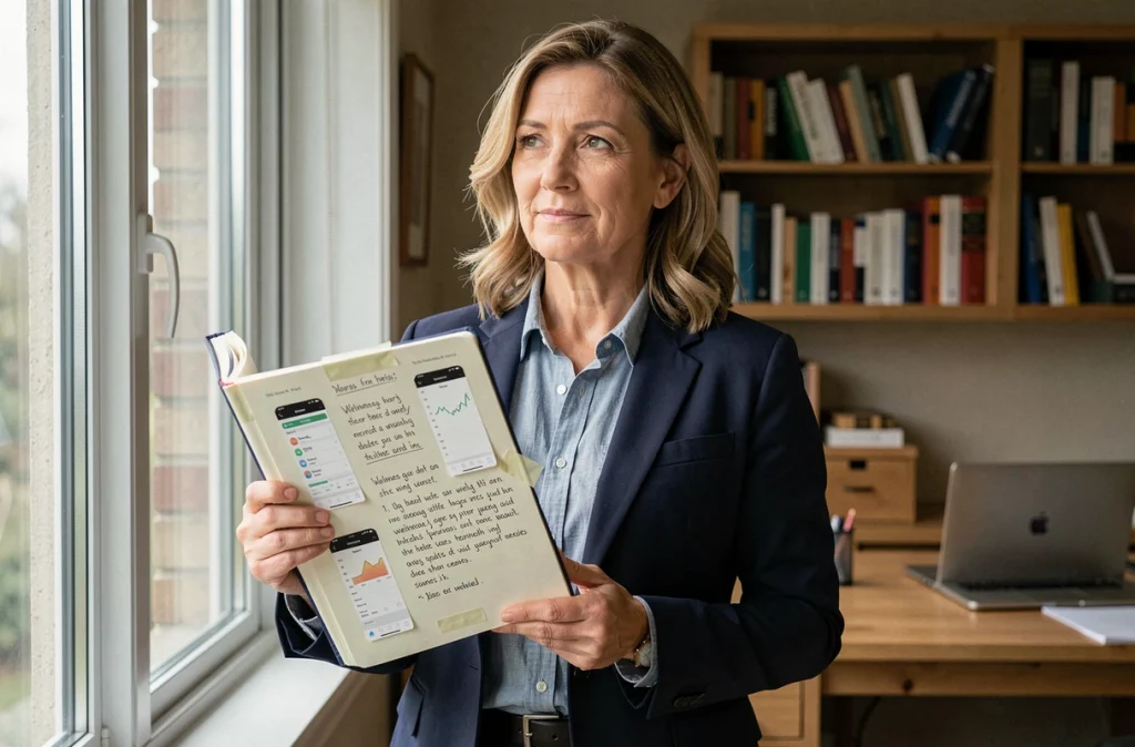 Femme présentant son journal de progression avec des captures d'écran de l'application Better Me et des notes manuscrites